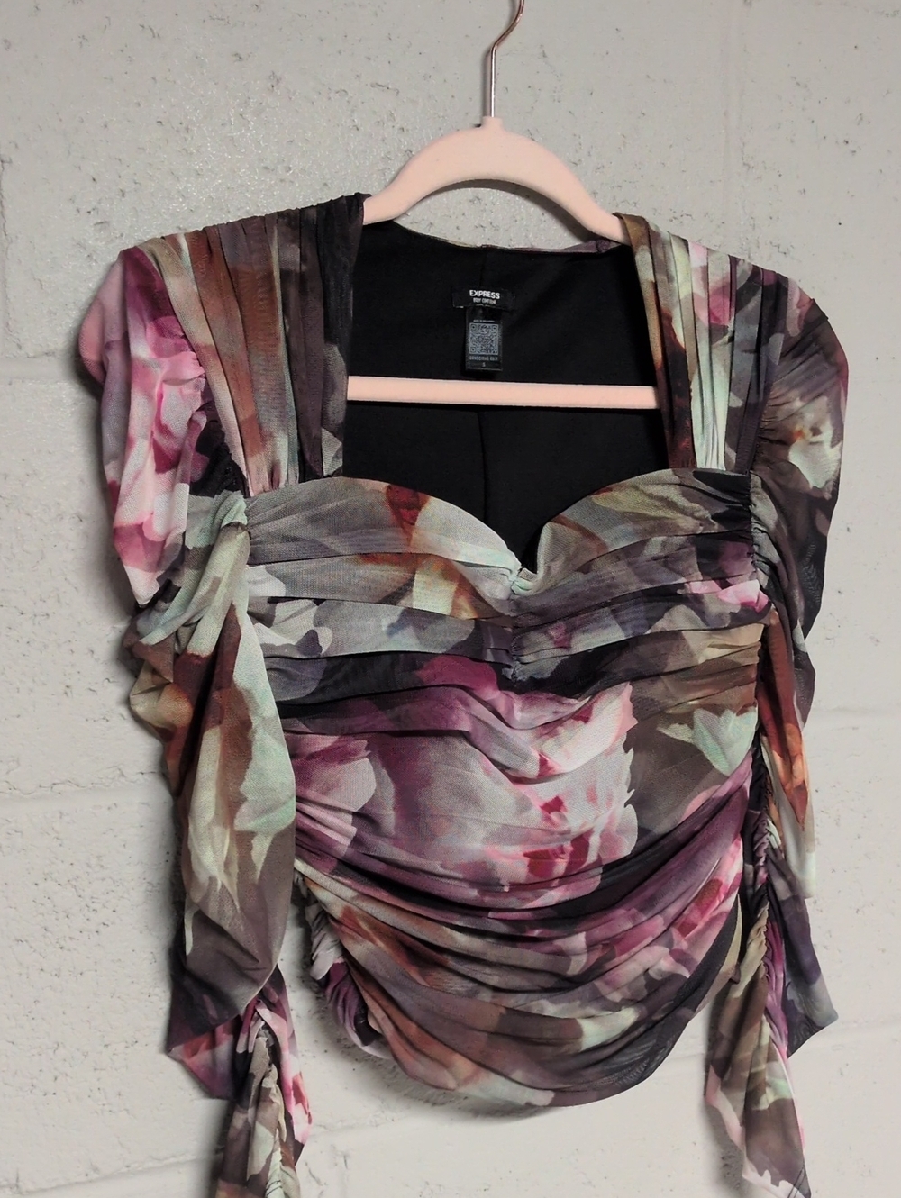 Express Body Contour Mesh Floral Ruched Cropped Top Blouse Small, Coquette Girl - Picture 4 of 8